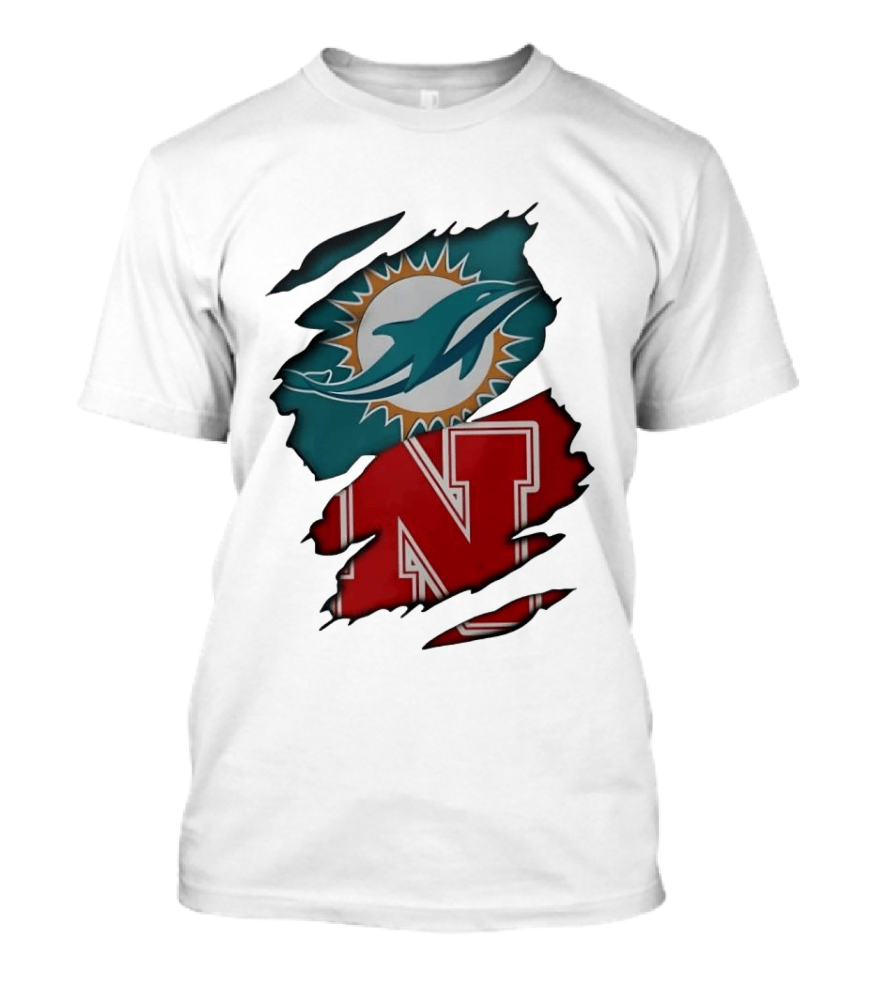 Miami Dolphins Nebraska Cornhuskers Ripped Skin Effect Football Team Fan T-Shirt