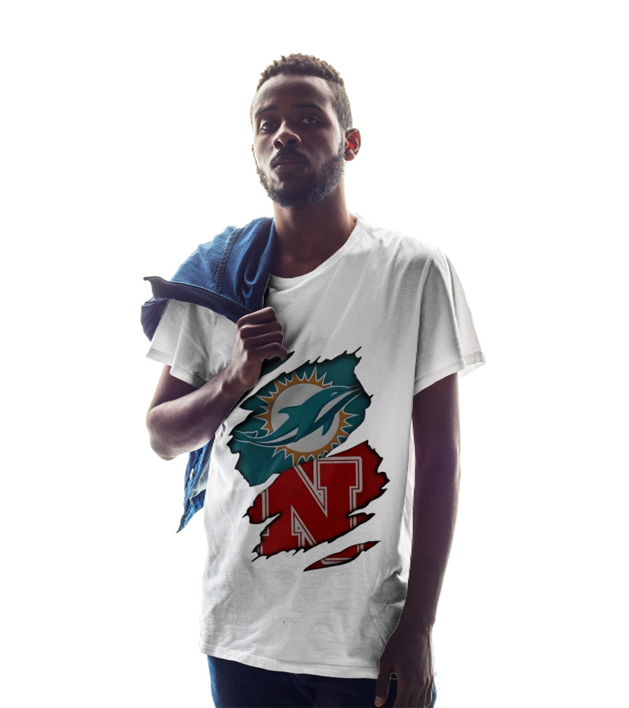 Miami Dolphins Nebraska Cornhuskers Ripped Skin Effect Football Team Fan T-Shirt