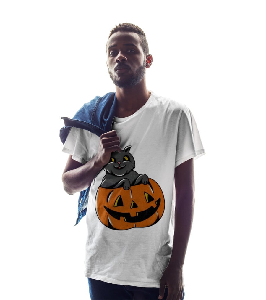 Black Cat In Jack O' Lantern Halloween Pumpkin T-Shirt
