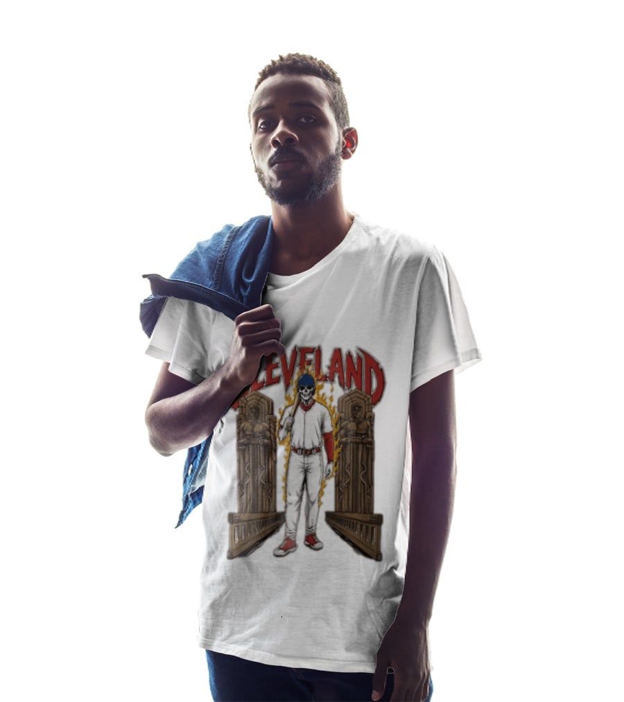 Cleveland Guardians Skeleton Baseball Player Flaming Statue T-Shirt