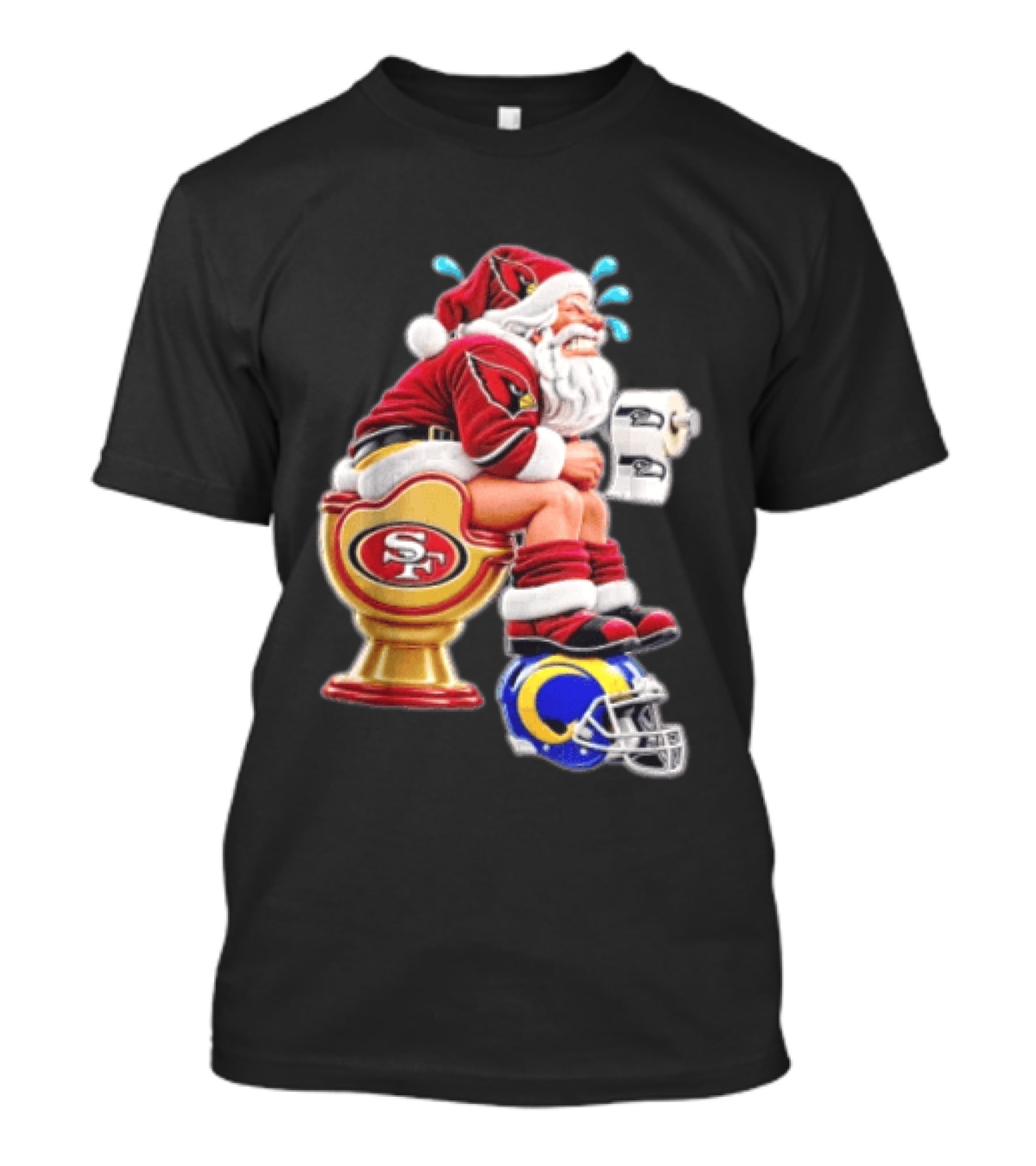 Santa Claus Sitting On San Francisco 49ers Toilet With Seattle Seahawks And Los Angeles Rams T-Shirt