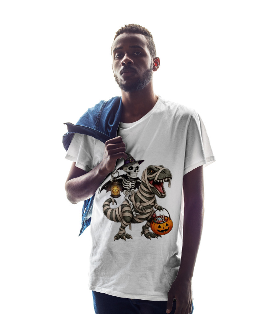 Halloween Skeleton Witch On Mummy Rex With Pumpkin Candy Bucket T-Shirt