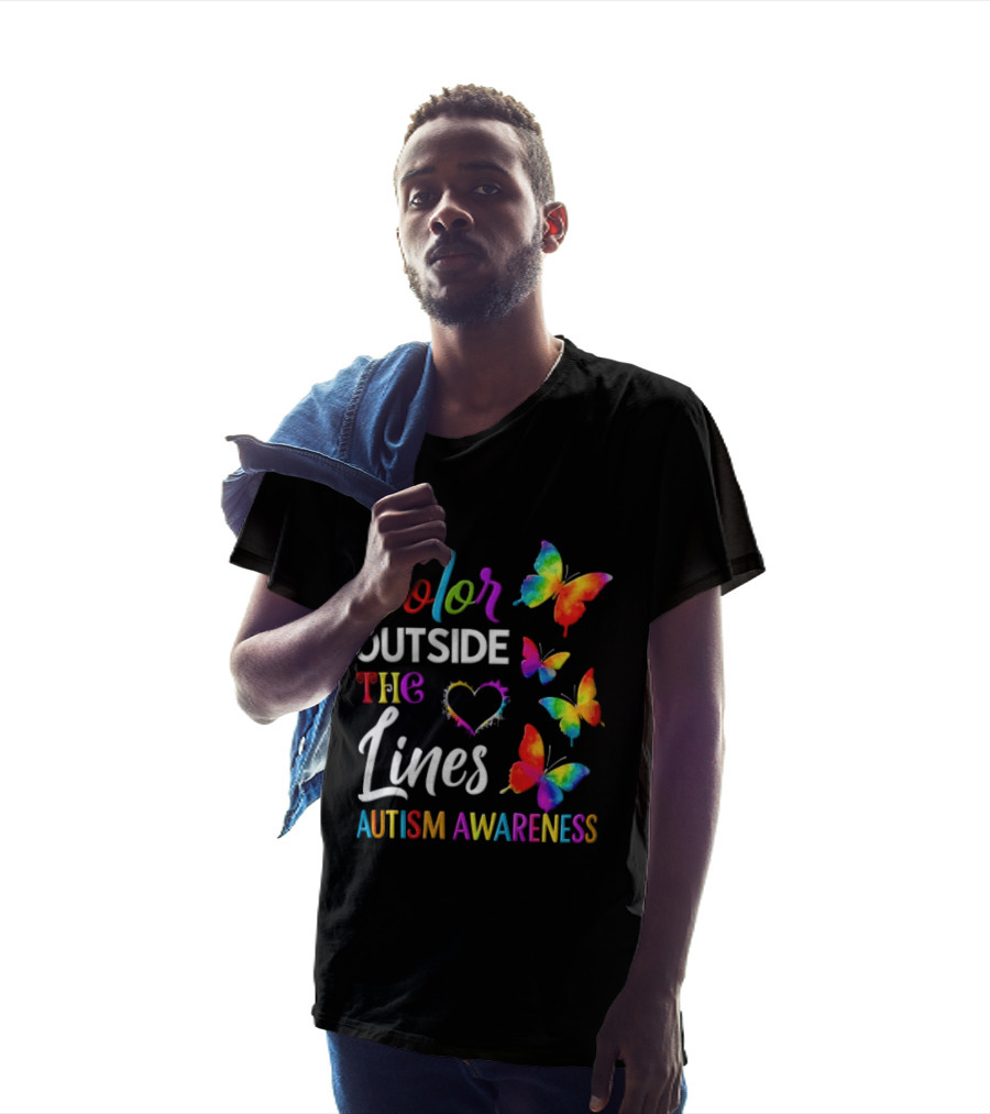 Color Outside The Lines Heart And Butterflies Autism Awareness T-Shirt