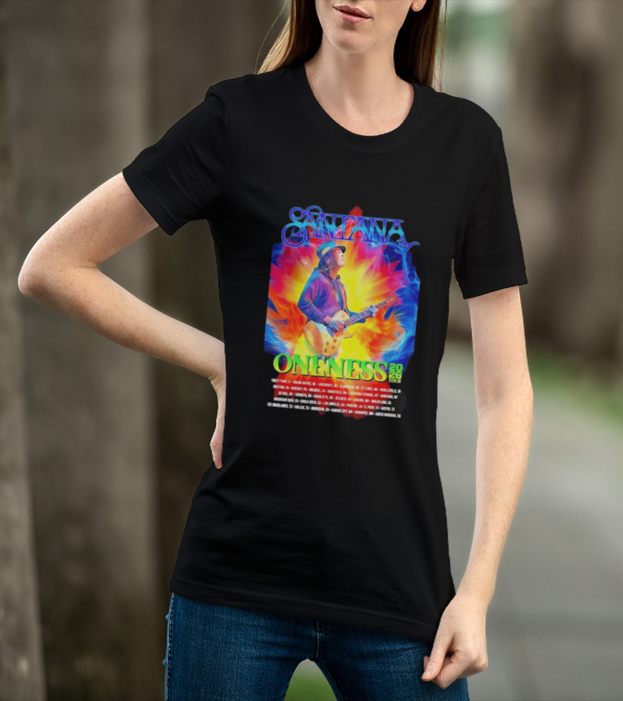 Santana Oneness 2026 Tour Carlos Santana Fire And Ice Tinley Park IL To Santa Barbara CA T-Shirt