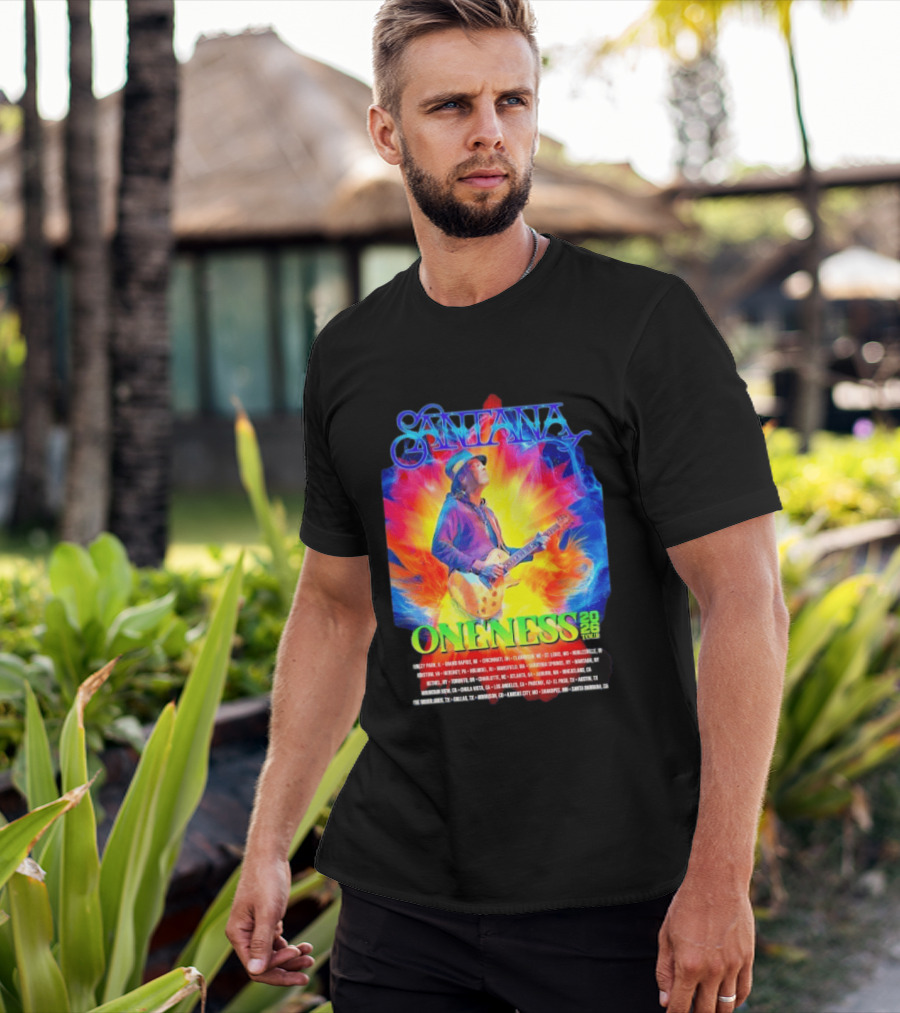 Santana Oneness 2026 Tour Carlos Santana Fire And Ice Tinley Park IL To Santa Barbara CA T-Shirt
