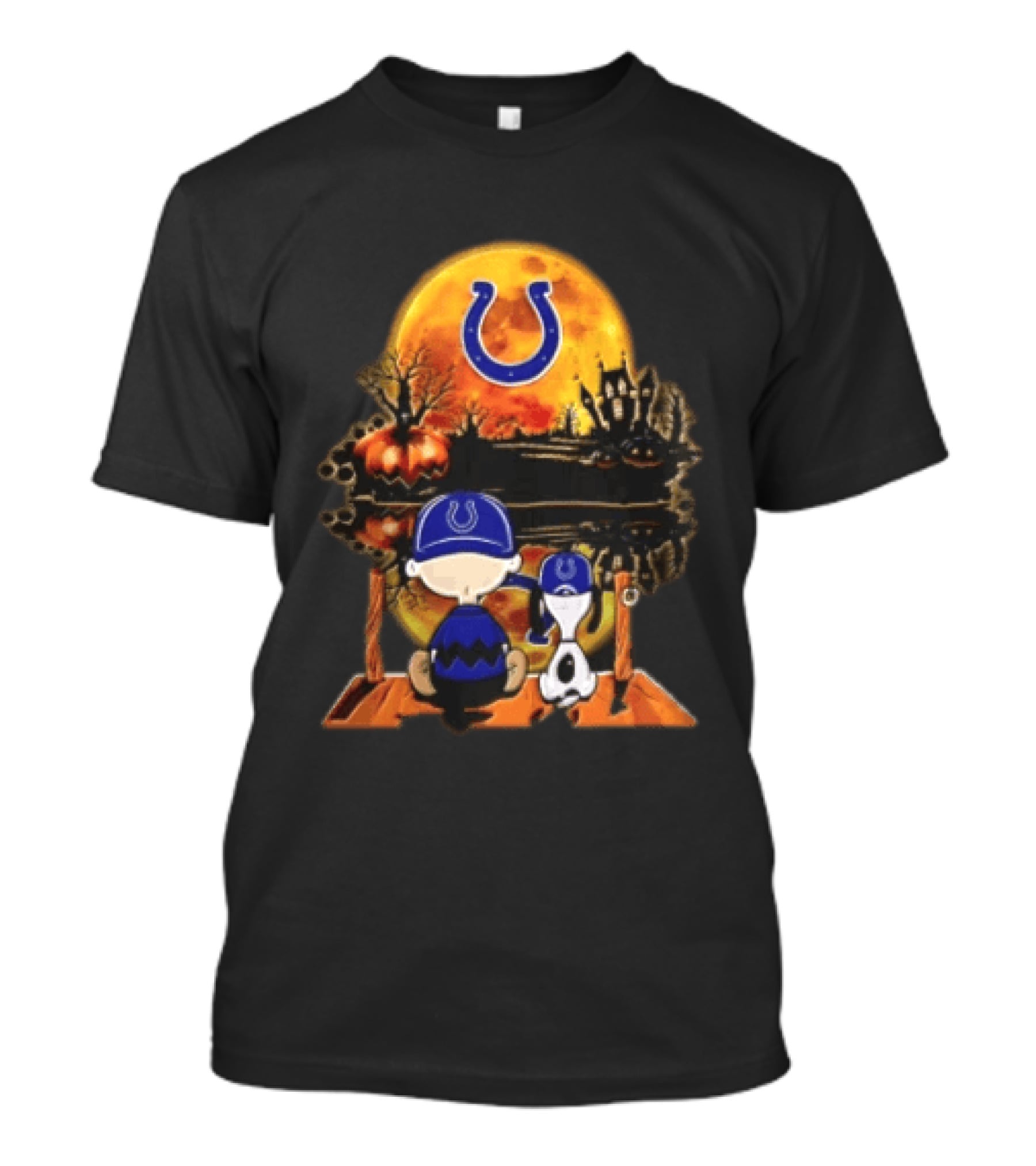 Indianapolis Colts Peanuts Halloween Pumpkin Moonlit Scene Snoopy Charlie Brown T-Shirt