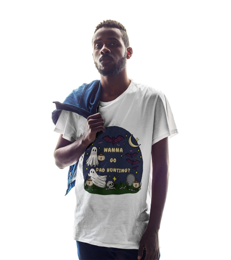 Wanna Go Dad Hunting Ghosts Bats Halloween Moon Lanterns T-Shirt