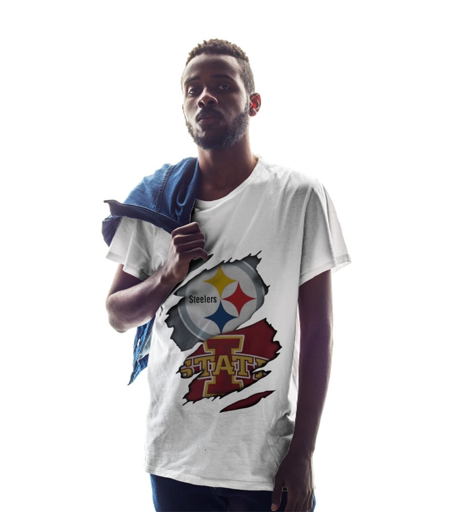 Pittsburgh Steelers Iowa State Cyclones Ripped Fabric Football Fandom Fusion T-Shirt