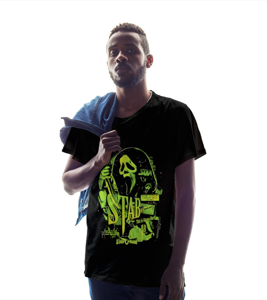 Ghostface Stab O Vision Horror Movie Mask Knife Graphic Neon T-Shirt