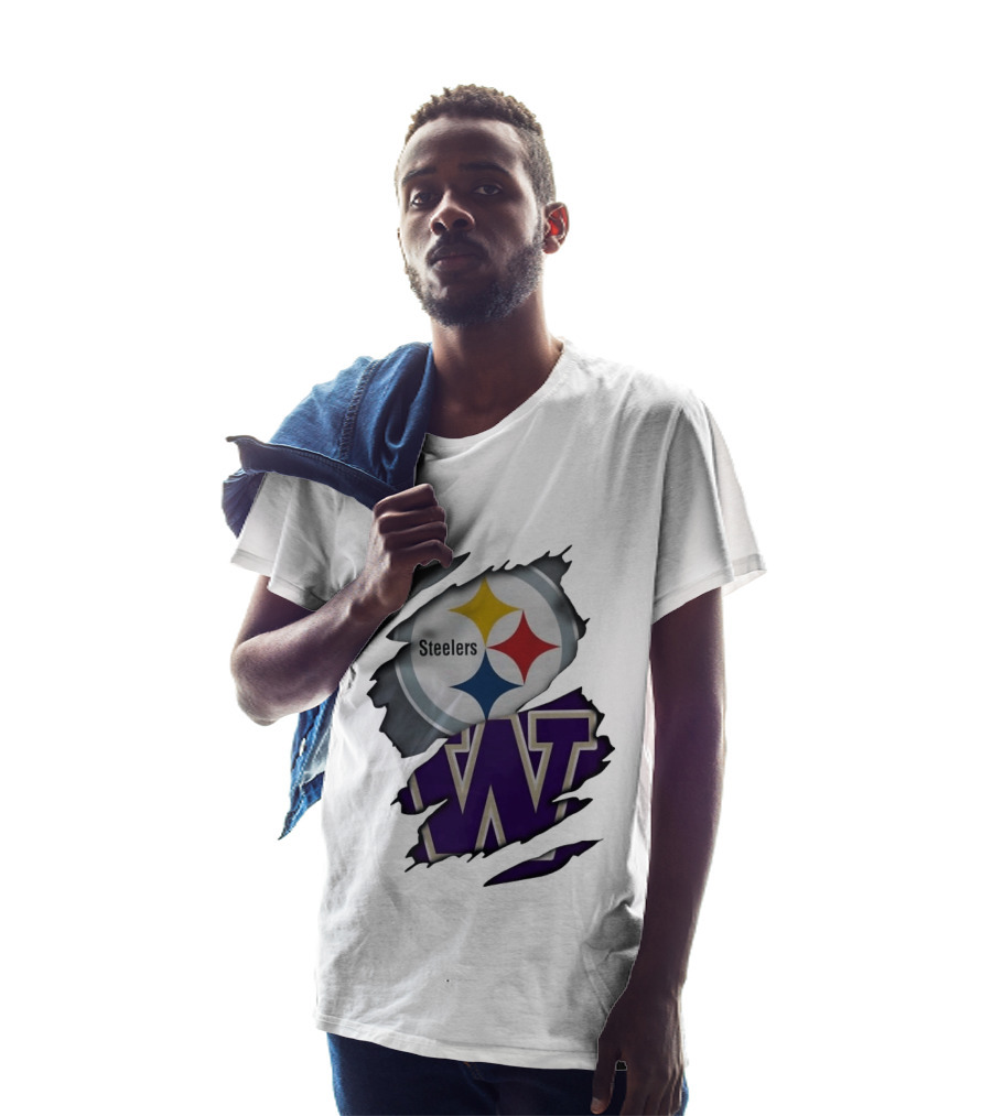 Pittsburgh Steelers Washington Huskies Ripped Logo Collaboration T-Shirt