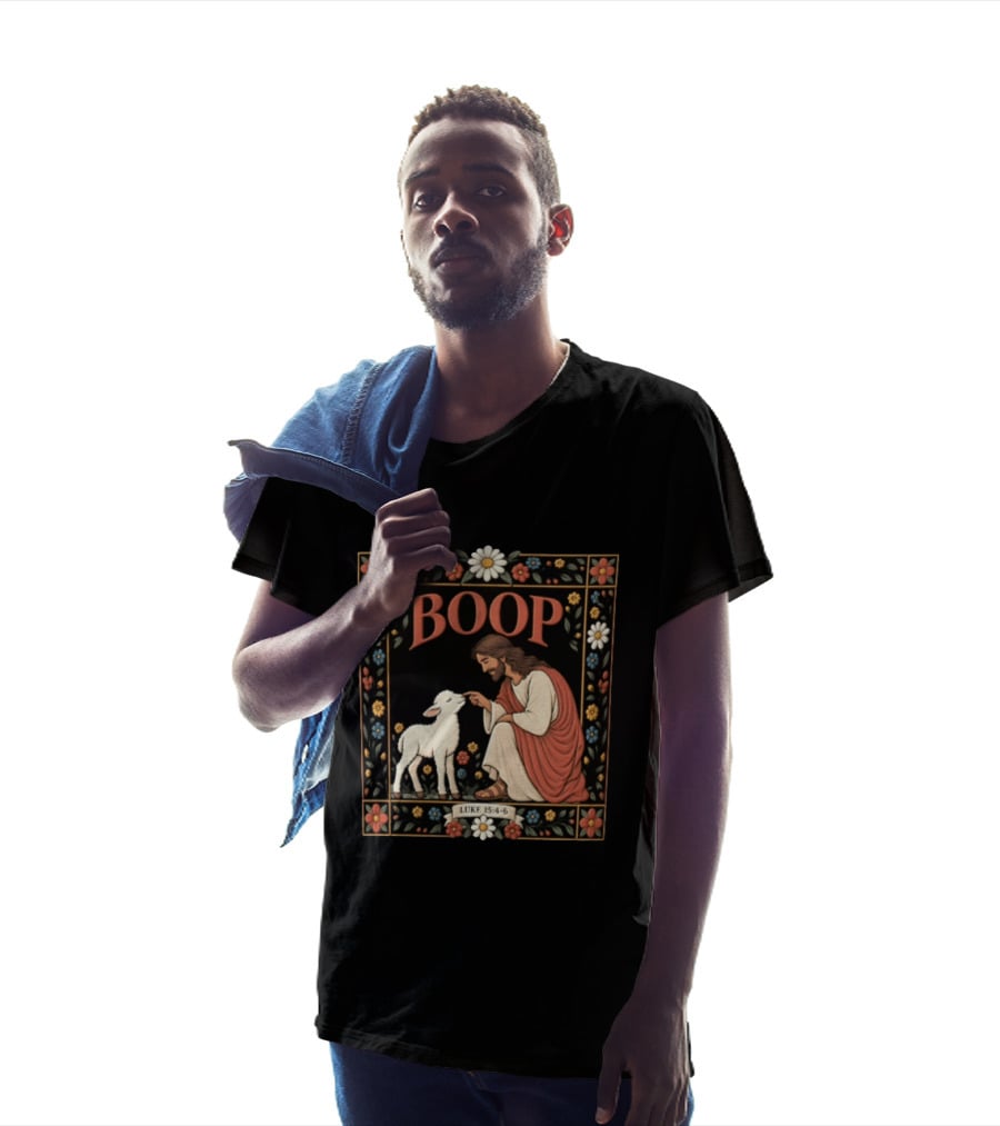 BOOP Luke 15:4 6 Jesus Kneeling Touching Nose Of White Lamb T-Shirt