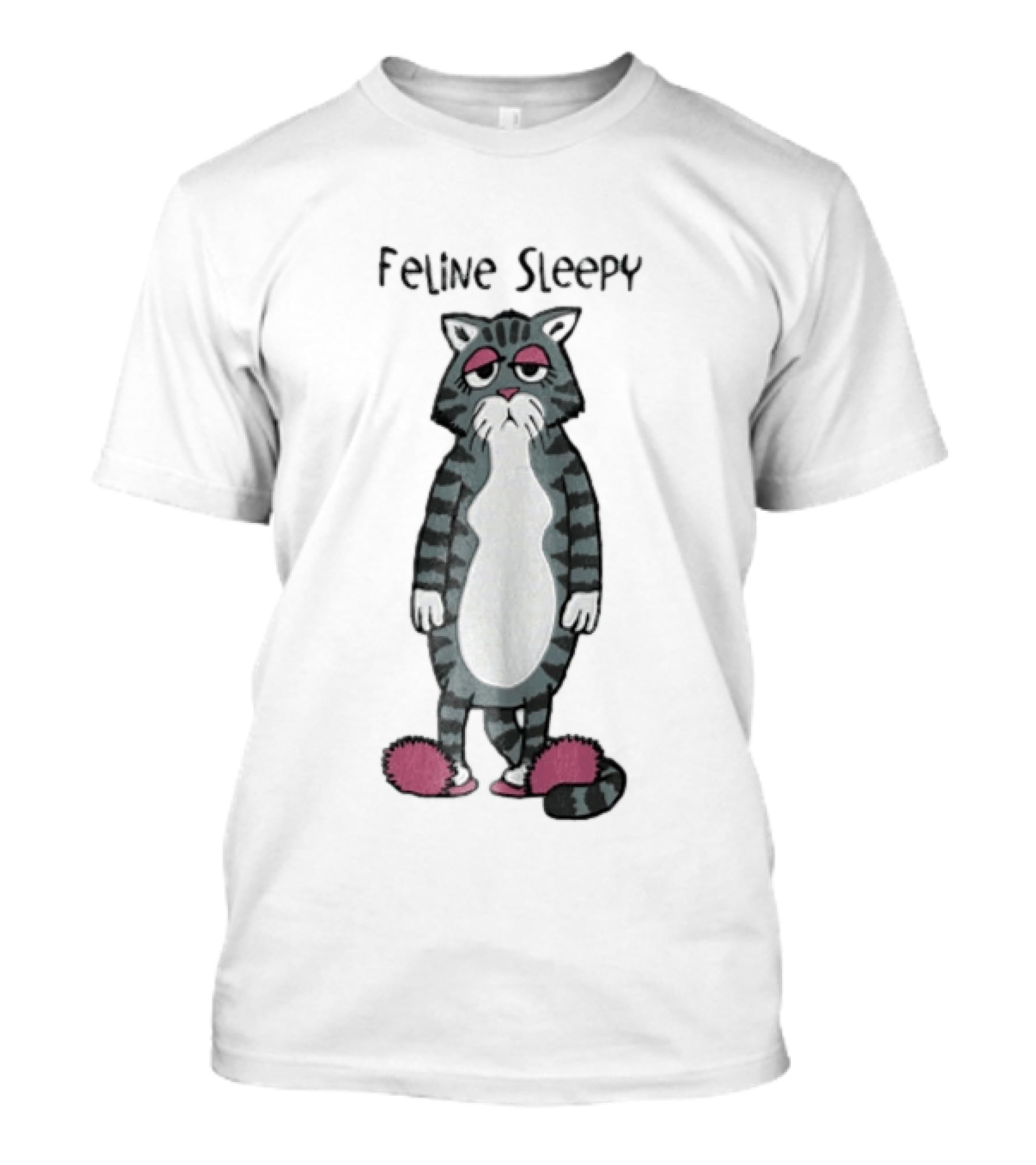 Feline Sleepy Grey Tabby Cat With Pink Slippers T-Shirt