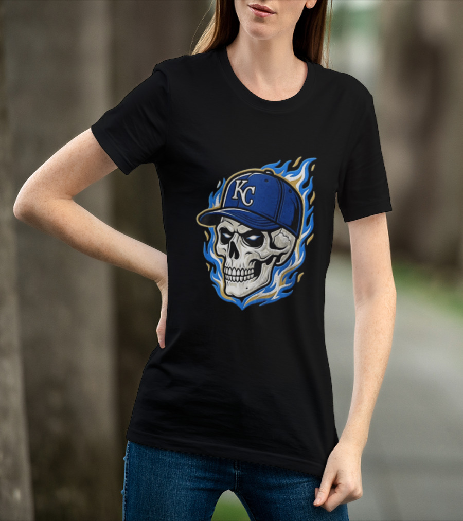 Kansas City Royals Skull Baseball Cap Flame T-Shirt