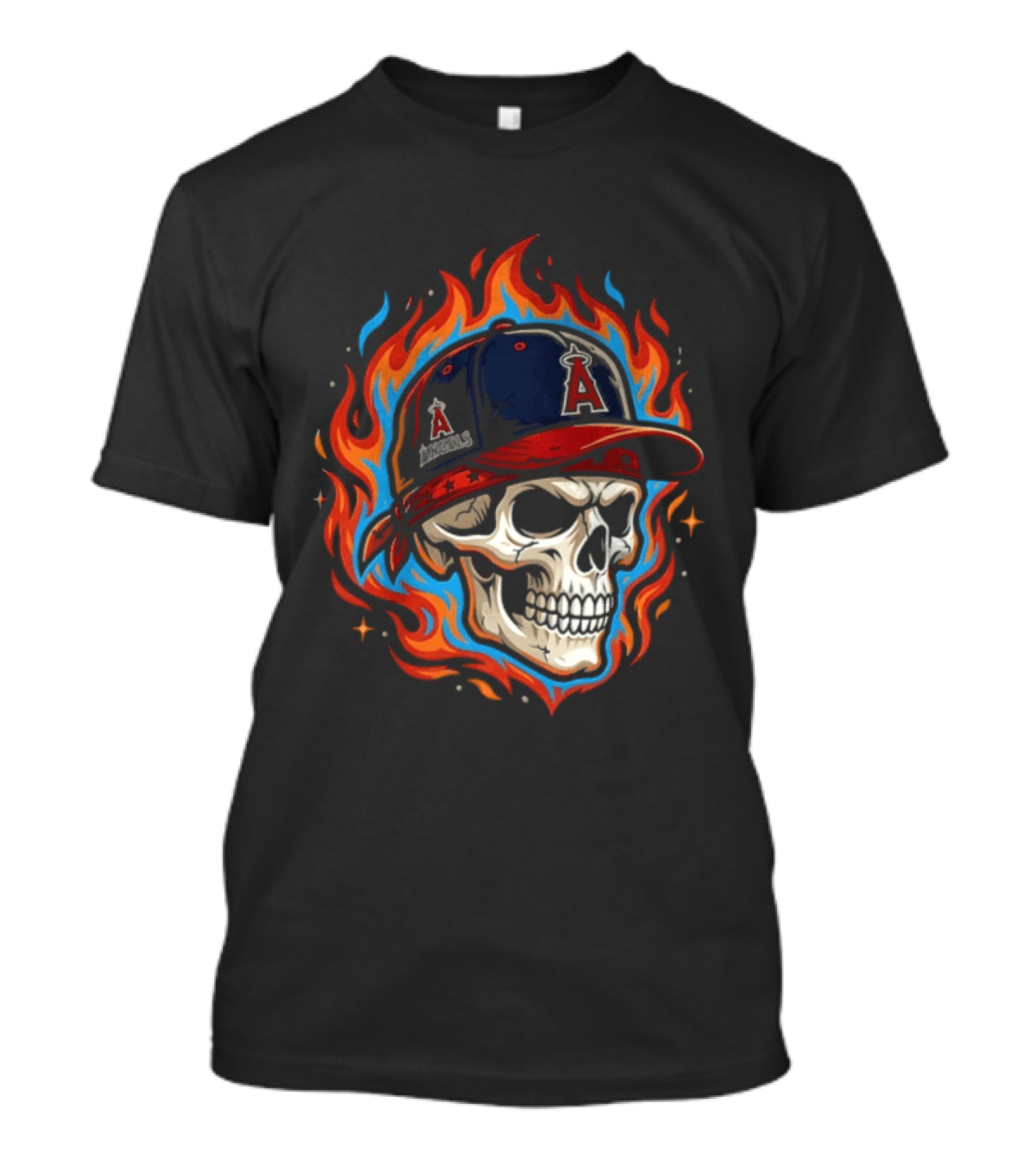 Los Angeles Angels Skull In Baseball Cap With Flames T-Shirt