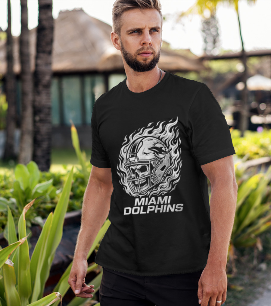 Miami Dolphins Fiery Skeleton Helmet T-Shirt