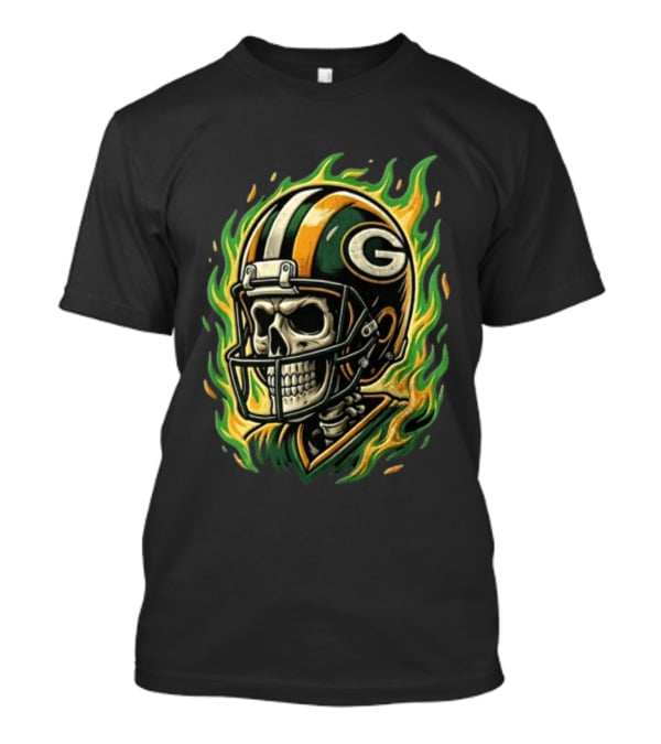 Green Bay Packers Skeleton Football Player Flaming Helmet T-Shirt