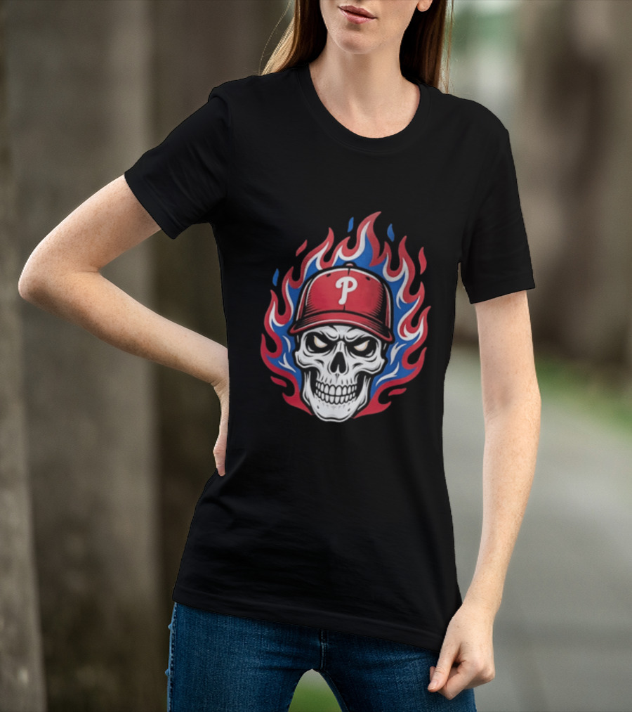 Philadelphia Phillies Skull Baseball Cap Flames T-Shirt