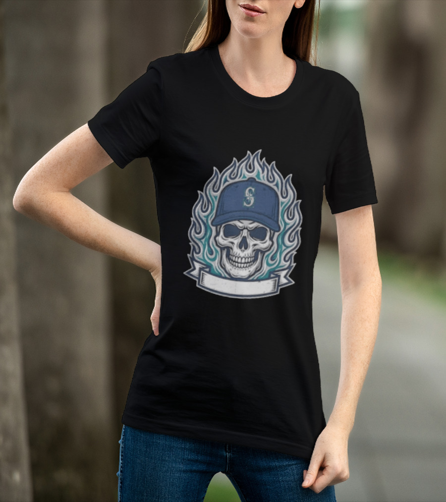 Seattle Mariners Skull Cap Flames Skeleton Angel Cross Wreath T-Shirt