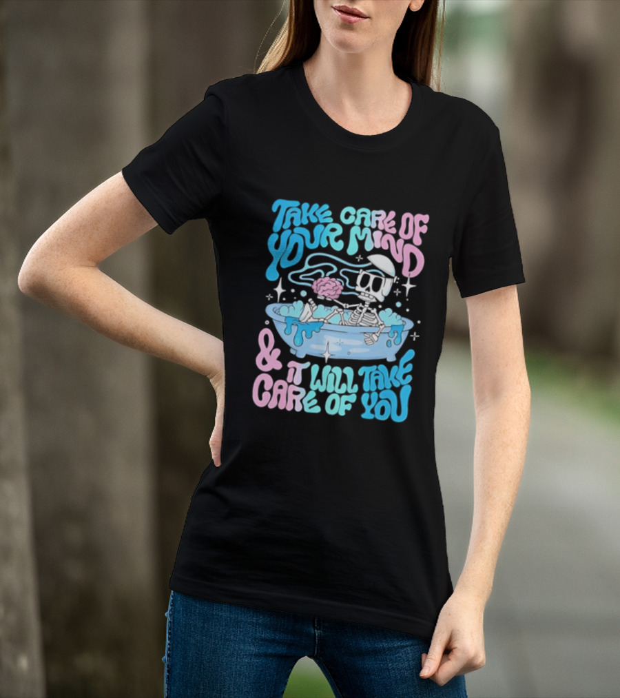 Skeleton Take Care Of Your Mind Neon Pastel Aesthetic T-Shirt