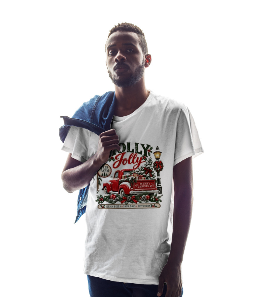 Holly Jolly Red Truck Merry Christmas Tree Farm Sleigh Bells Snow Days Hot Cocoa T-Shirt