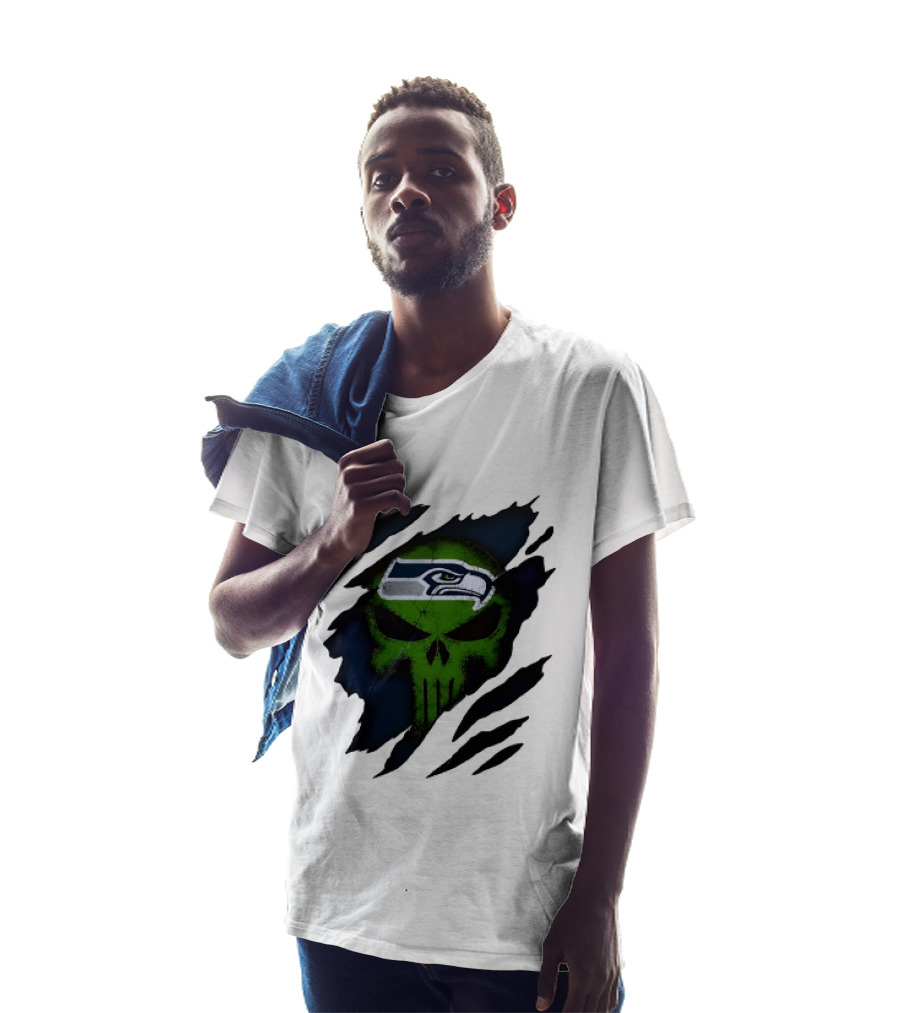 Seattle Seahawks Punisher Skull Ripped Fabric T-Shirt