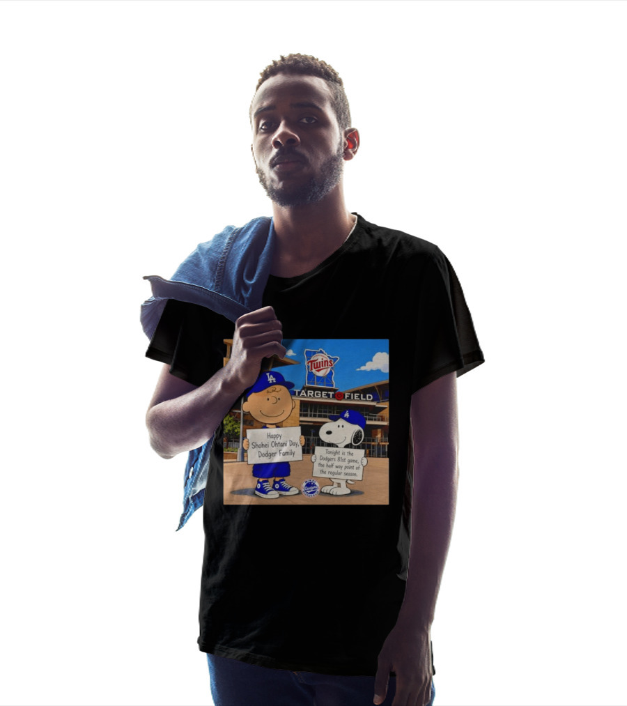 Snoopy And Charlie Brown Happy Shohei Ohtani Day Dodgers Twins Target Field T-Shirt