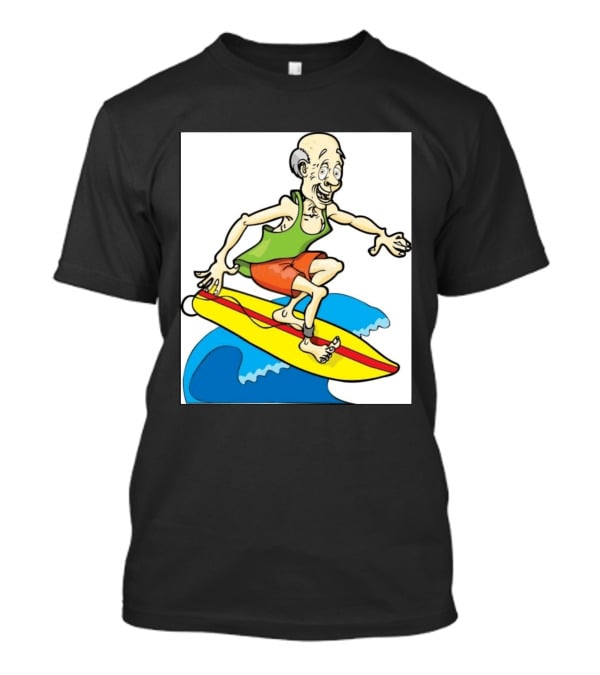 Retired Man Surfing Funny Cartoon Boomer On Yellow Board With Blue Waves T-Shirt