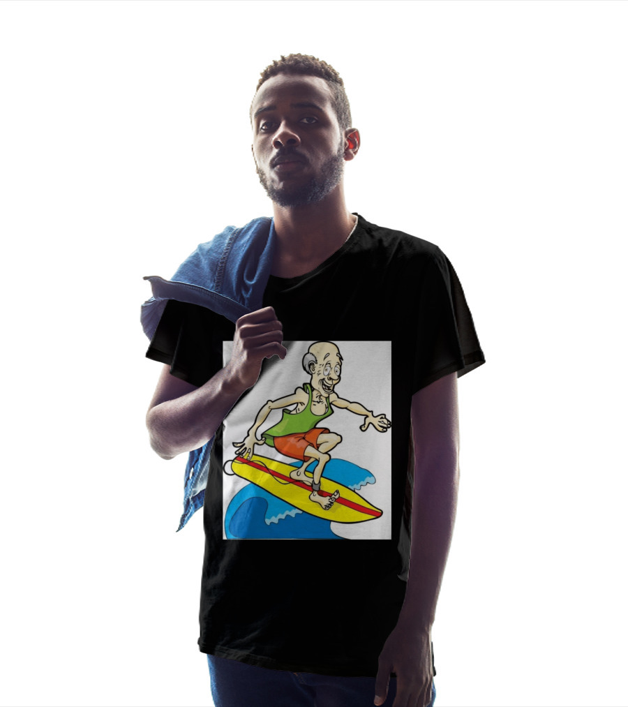 Retired Man Surfing Funny Cartoon Boomer On Yellow Board With Blue Waves T-Shirt