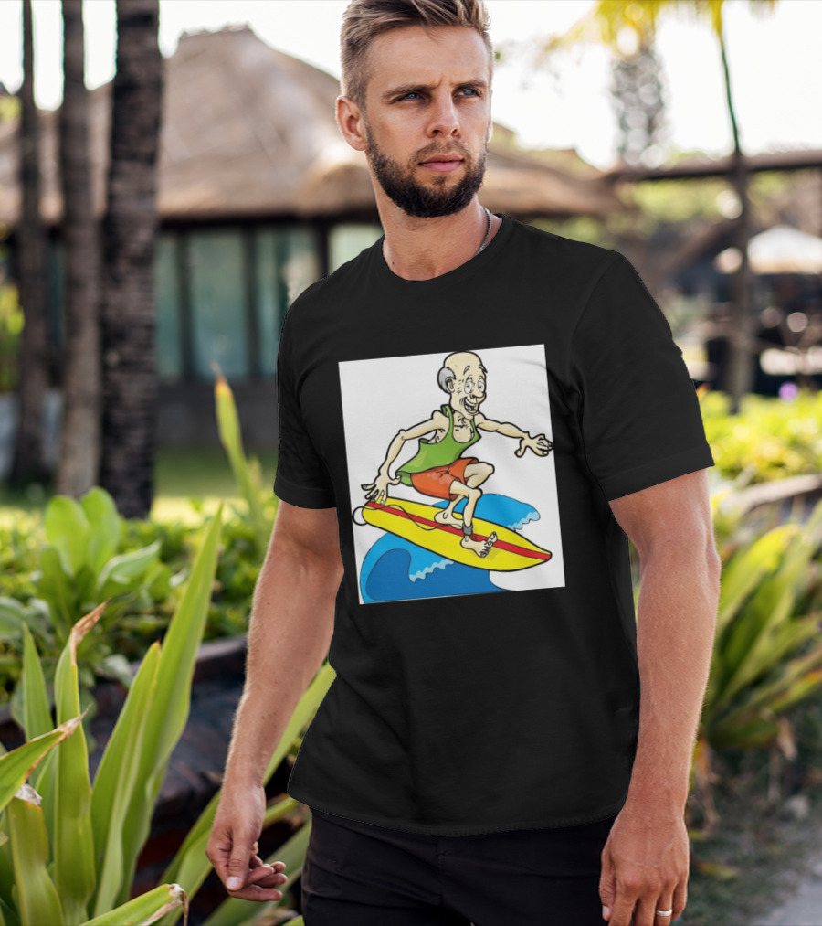 Retired Man Surfing Funny Cartoon Boomer On Yellow Board With Blue Waves T-Shirt