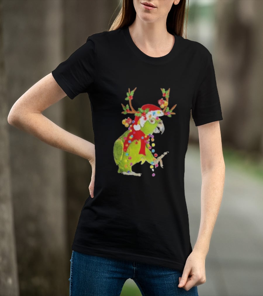 Festive Parrot Wearing Santa Hat And Reindeer Antlers T-Shirt