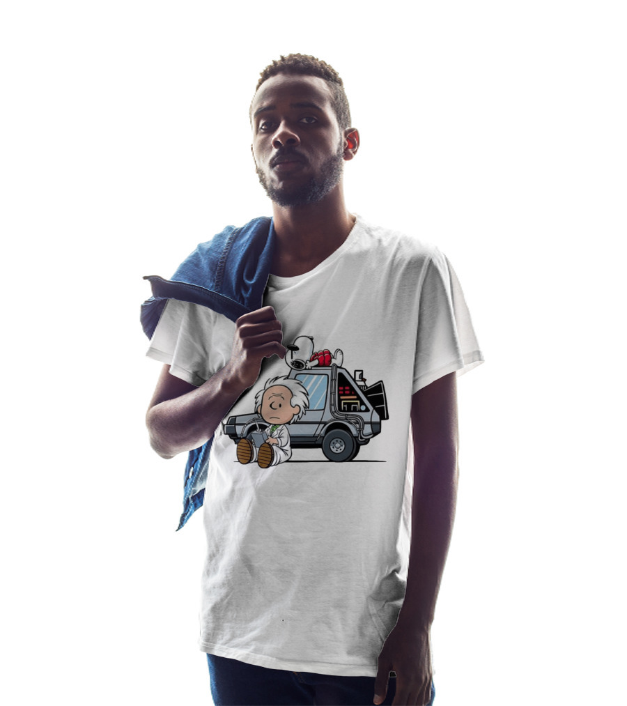 Doc Brown Snoopy Back To The Future Delorean Time Machine Cartoon Mashup T-Shirt