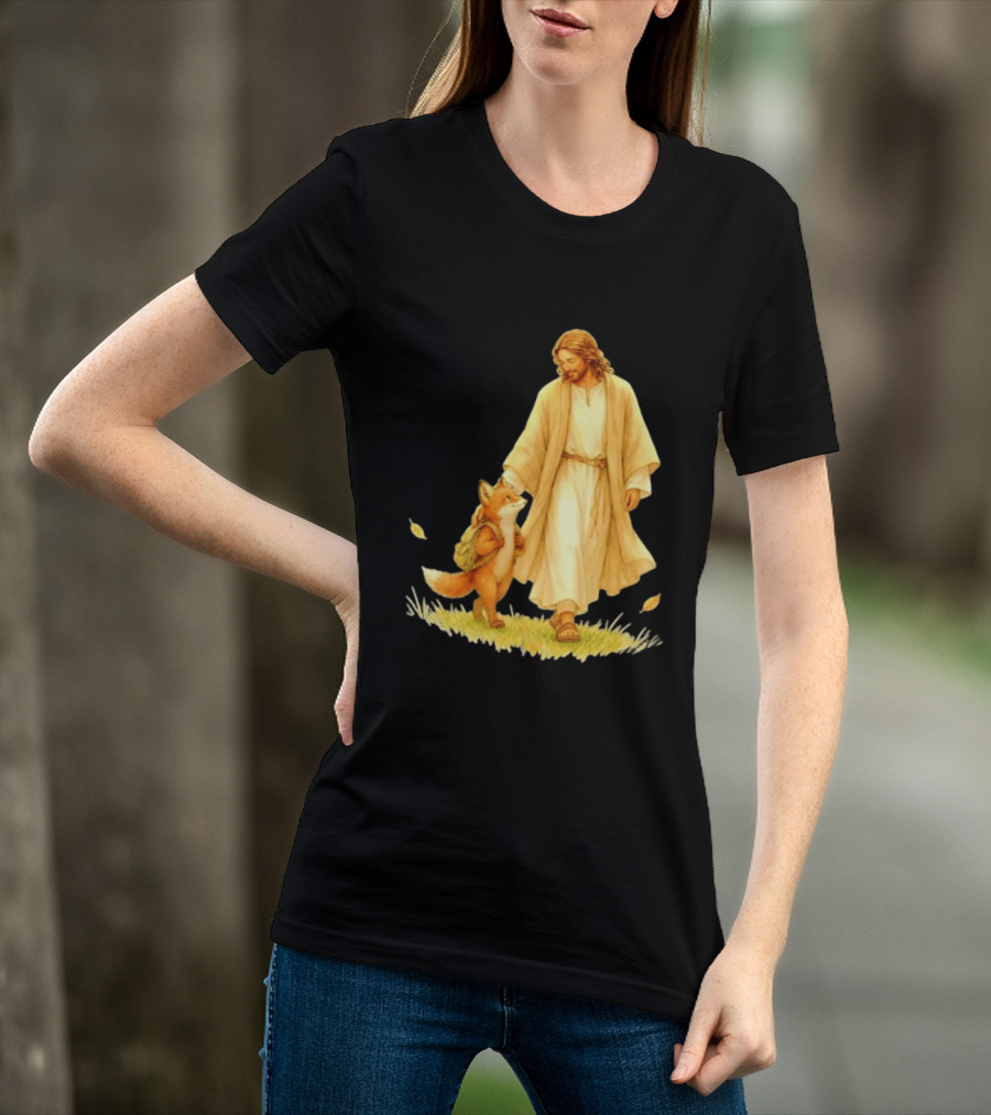 Jesus Christ And Fox Companion With Backpack In Nature Scene T-Shirt