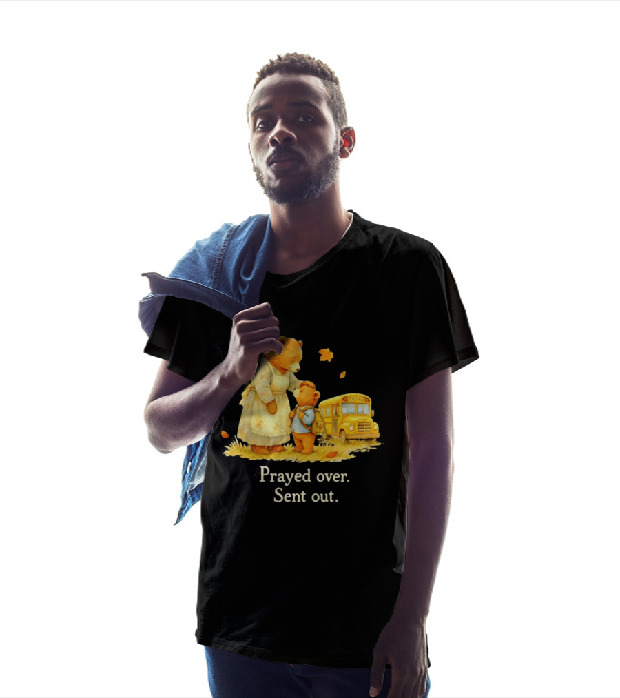 Mama Bear And Cub School Bus Prayed Over Sent Out Back To School Autumn Scene T-Shirt