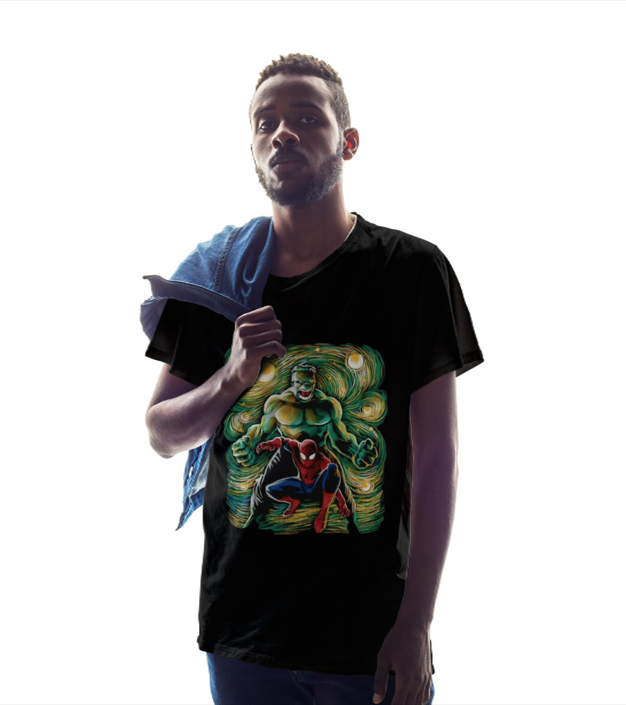 Hulk And Spider Man Marvel Comics Starry Night Sky Superhero Collaboration T-Shirt