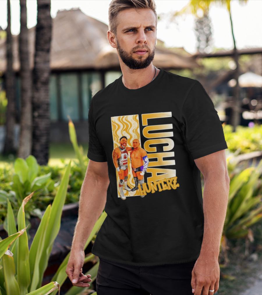 Lucha Hunterz Wrestlers Duo With Llamas And Gold Accents T-Shirt
