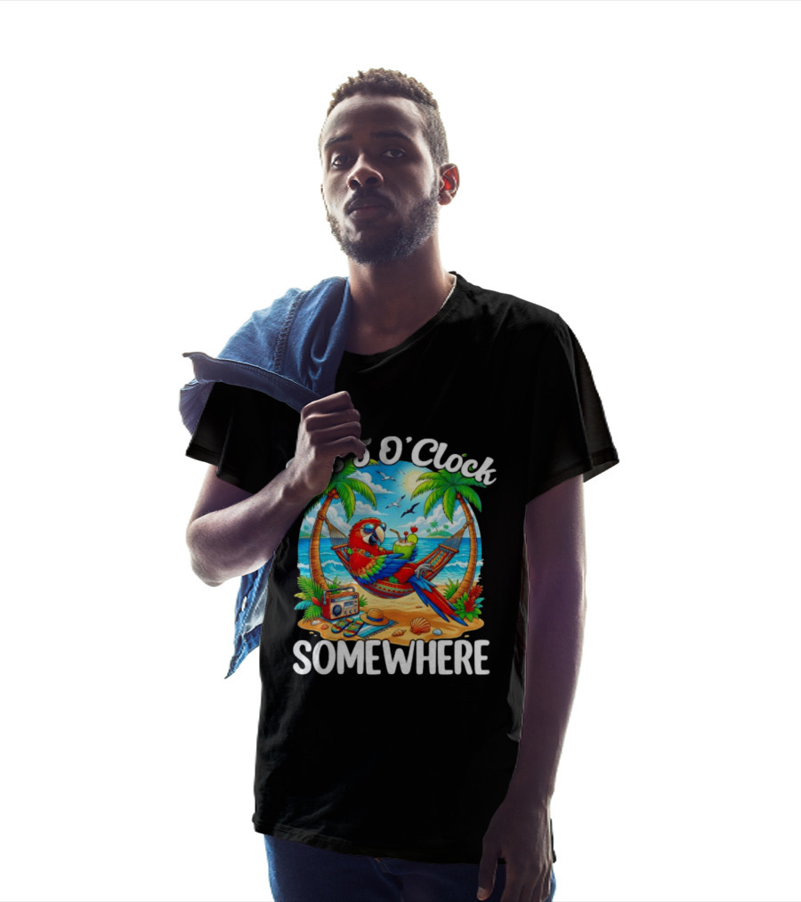 Parrot Relaxing In Hammock On Tropical Beach With It's 5 O' Somewhere Vibe T-Shirt