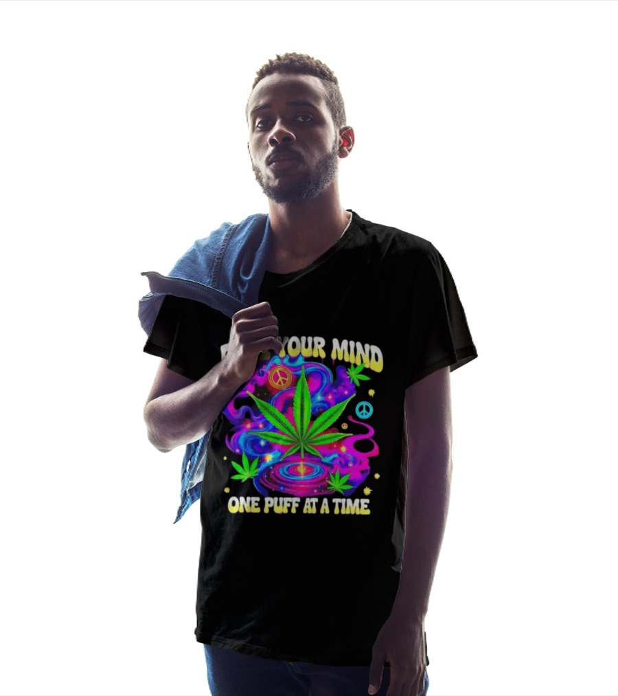 Psychedelic Cannabis Leaf Peace Sign Free Your Mind One Puff At A Time Trippy T-Shirt