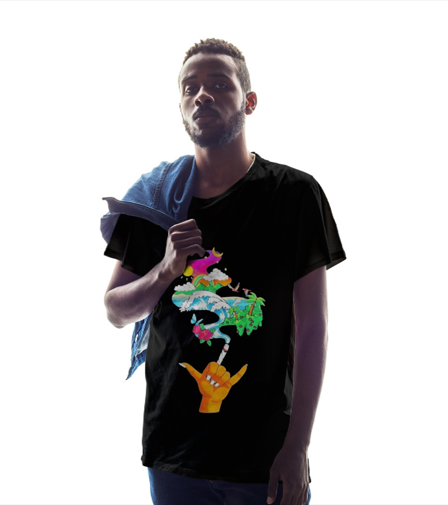 Shaka Hand Gesture With Tropical Island Wave And Colorful Clouds T-Shirt
