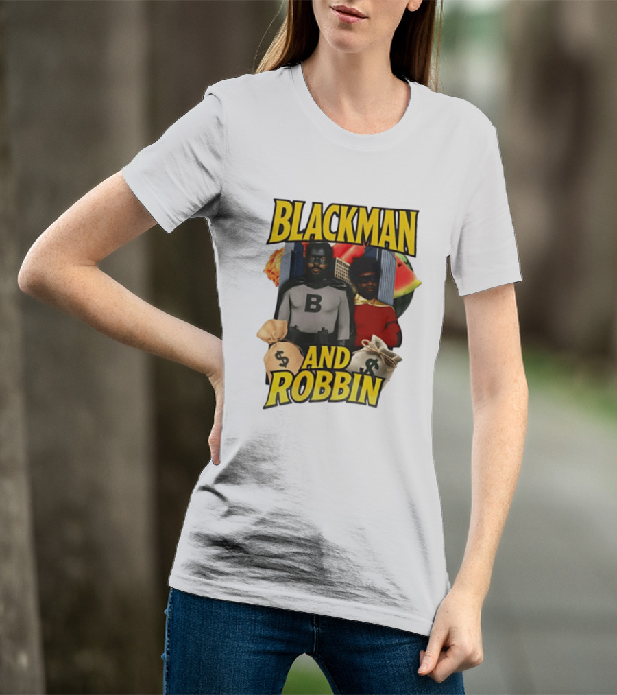 Blackman And Robbin Superhero Satire Comedy Money Bags Cityscape T-Shirt