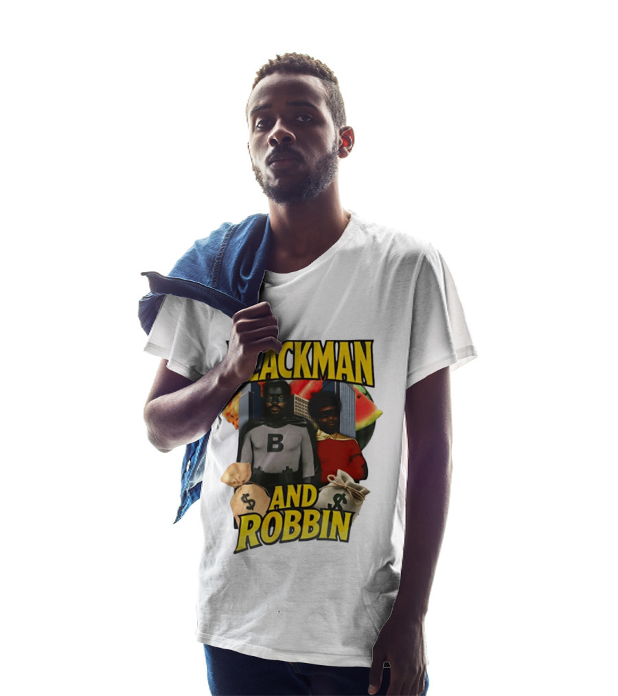 Blackman And Robbin Superhero Satire Comedy Money Bags Cityscape T-Shirt