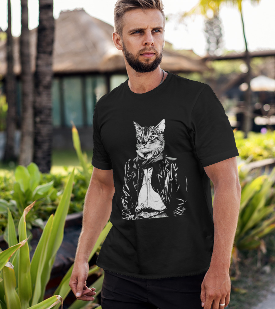Cat They Only Come Out At Night Cool Cat In Leather Jacket T-Shirt