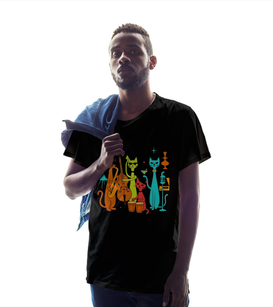 Jazz Cat Quartet Playing Instruments Bass Bongo Trumpet Martini T-Shirt
