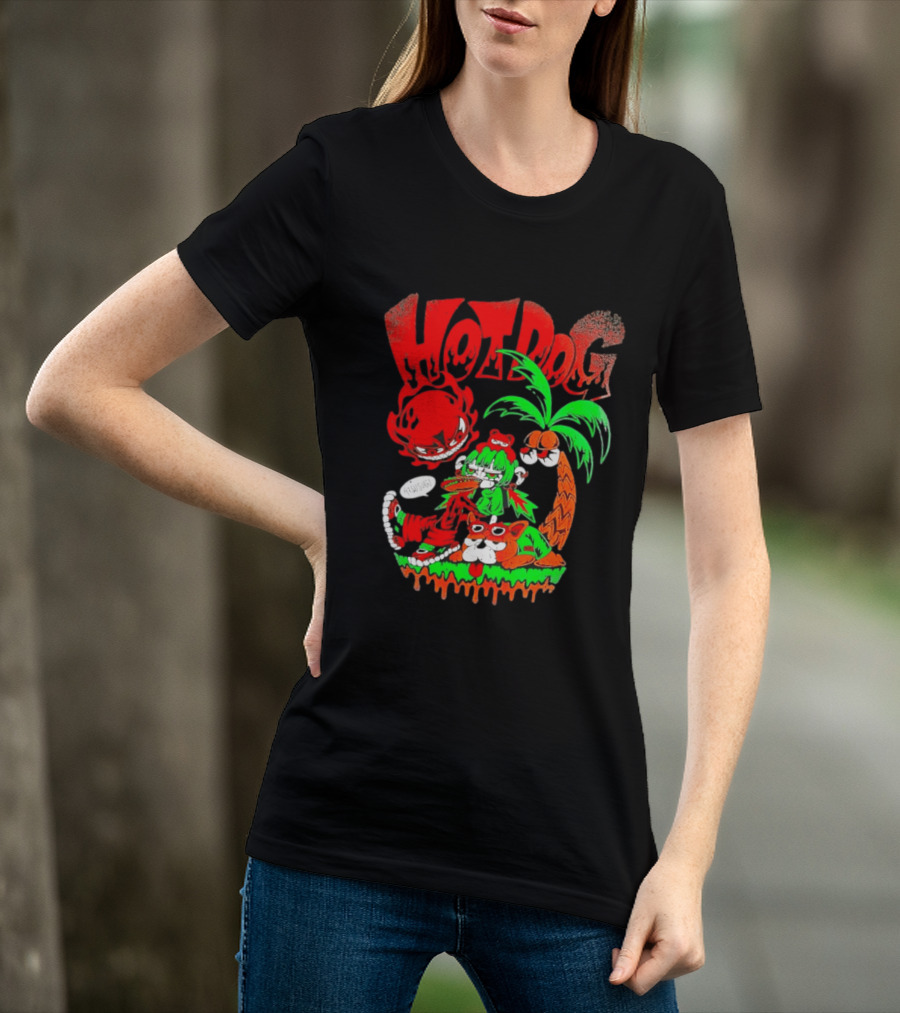 Hotdog Atsusugi Girl With Bear Hat And Dog Under Palm Tree T-Shirt