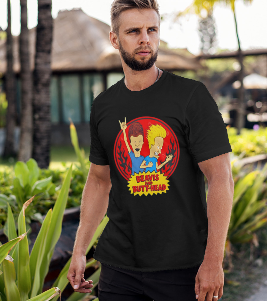 Beavis And Butt Head Rocking Out Flames Circle T-Shirt
