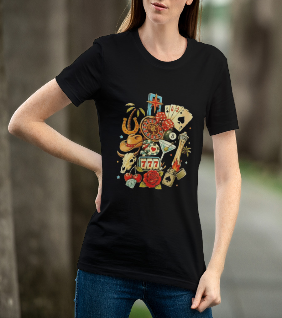 Las Vegas Casino Lucky Seven Poker Ace Of Spades Roulette Dice Palm Tree Horseshoe Rose Martini Skyscraper T-Shirt