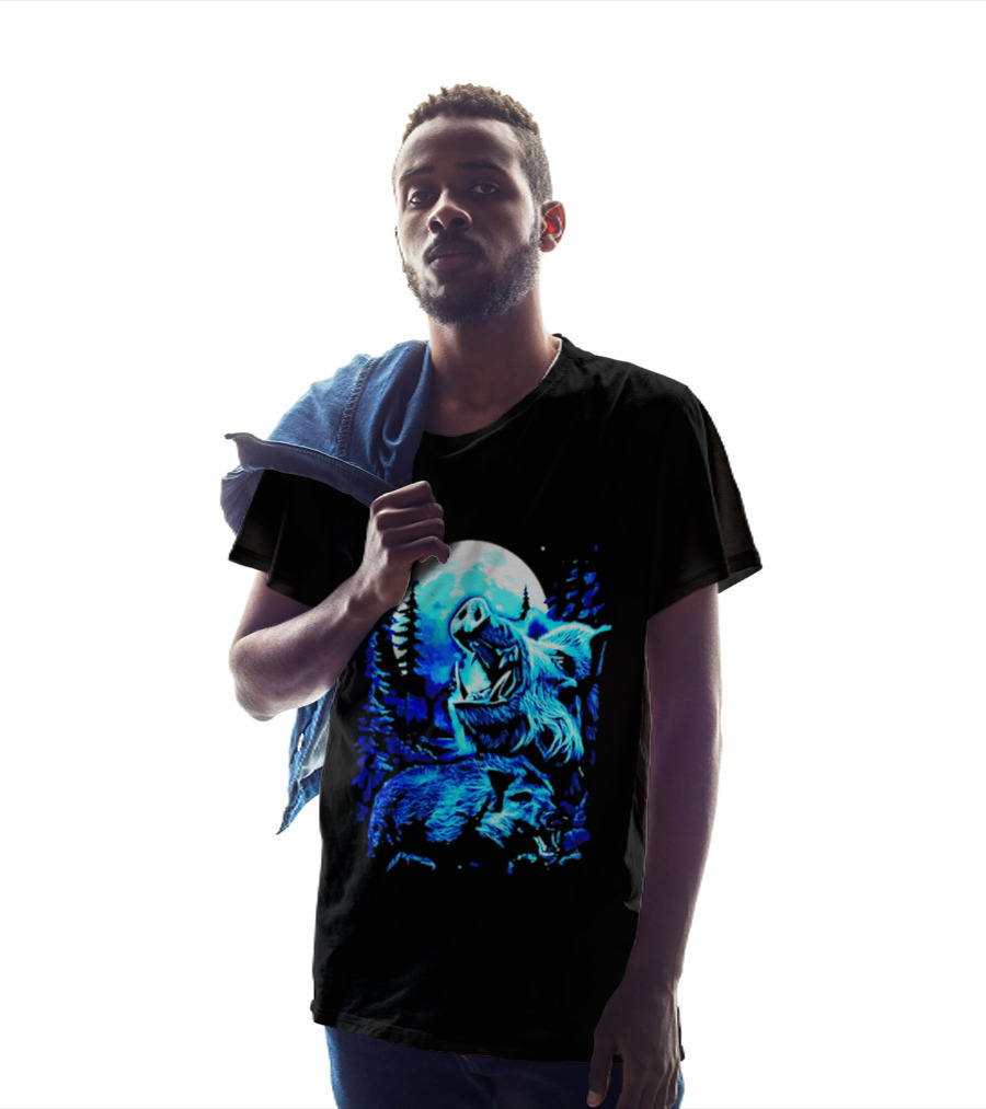 Wild Boar Howling At The Moon Under Mystical Forest Night Sky T-Shirt