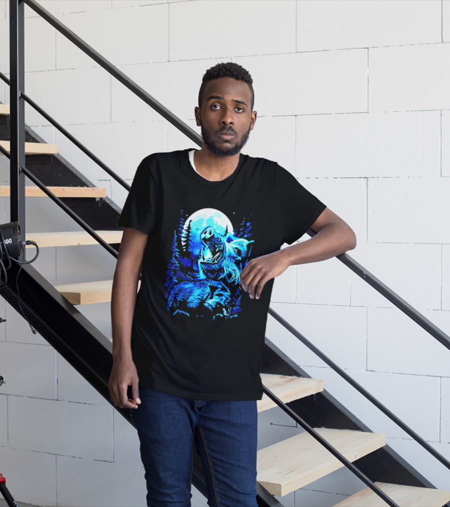 Wild Boar Howling At The Moon Under Mystical Forest Night Sky T-Shirt