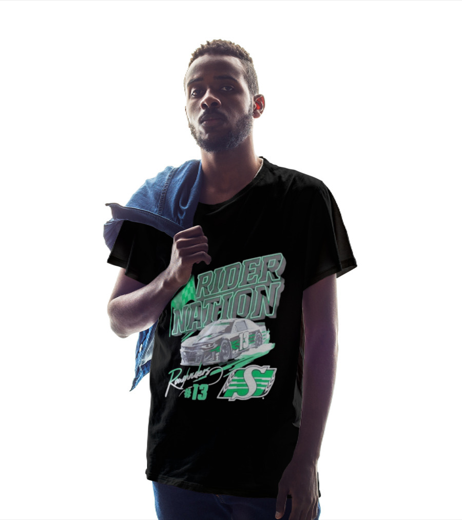 Saskatchewan Roughriders Rider Nation Race Car Number 13 With Team Logo And Flag T-Shirt