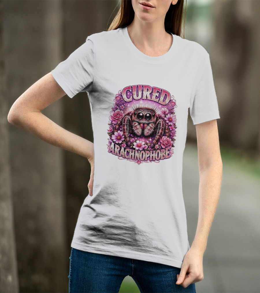 Cured Arachnophobe Jumping Spider Floral Hearts And Flowers T-Shirt