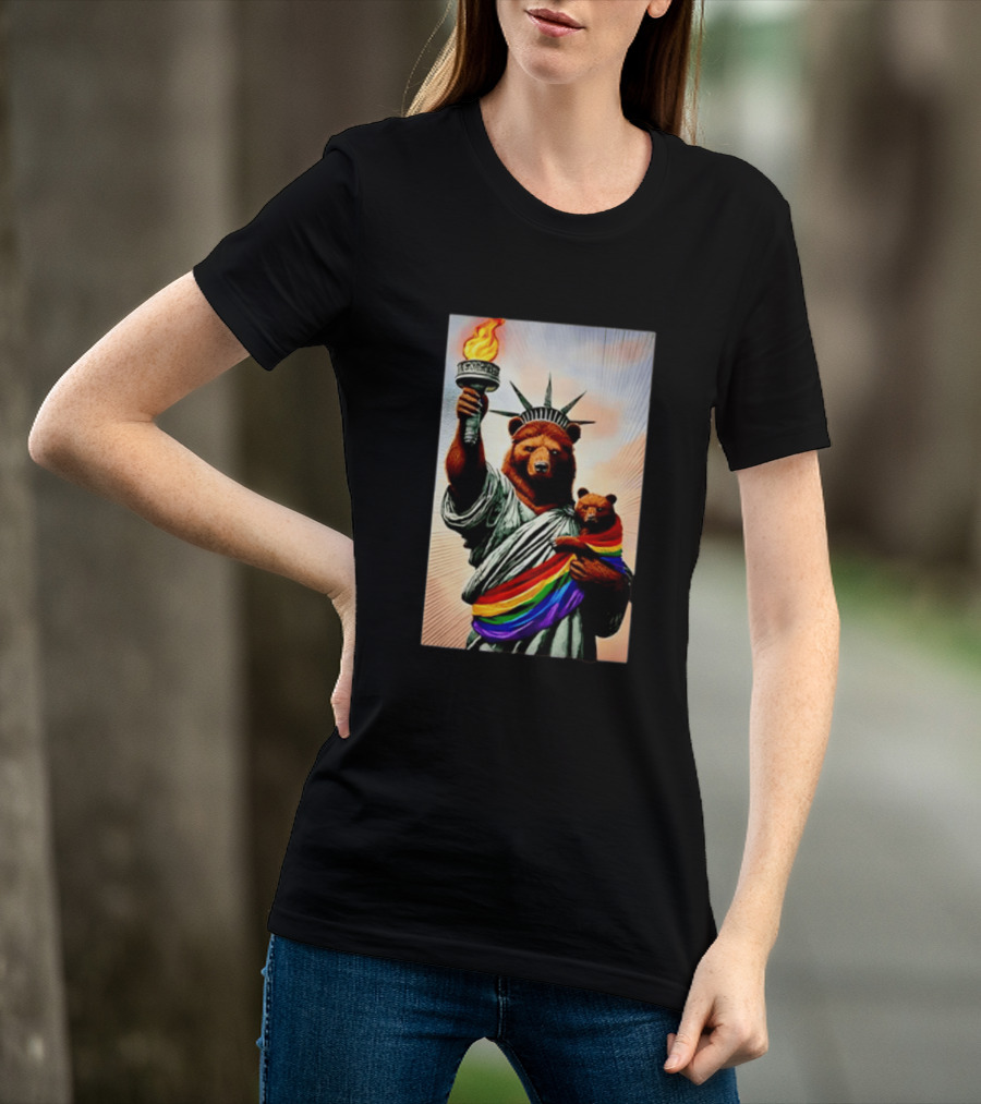 Bear Statues Liberty Rainbow Pride Torch T-Shirt
